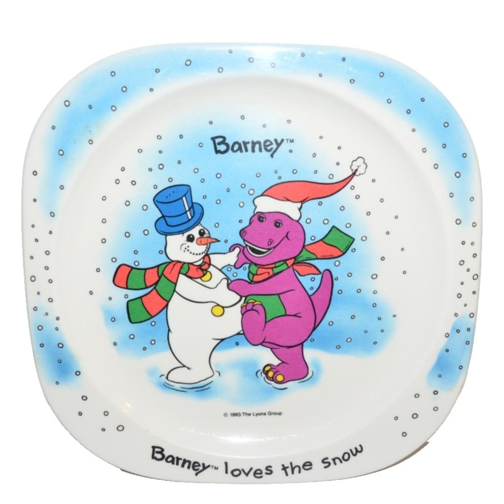 Vtg 1993 Barney Loves To Play In the Snow Plate Plastic Christmas snowman